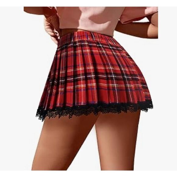 NWT Y2K Red Plaid Pleated Micro Mini Skirt w/Lace Trim Schoolgirl Academia Small - Picture 1 of 14